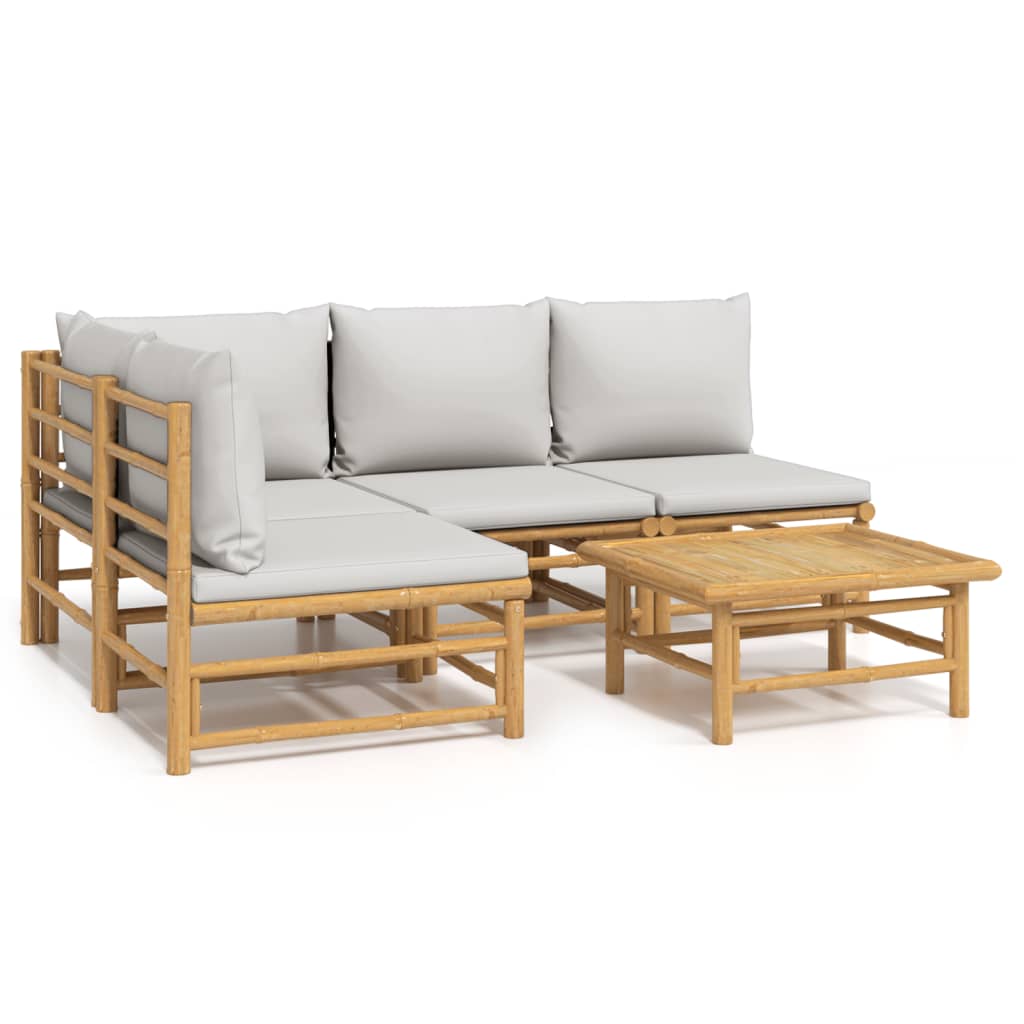 5 Piece Patio Lounge Set with Light Gray Cushions Bamboo