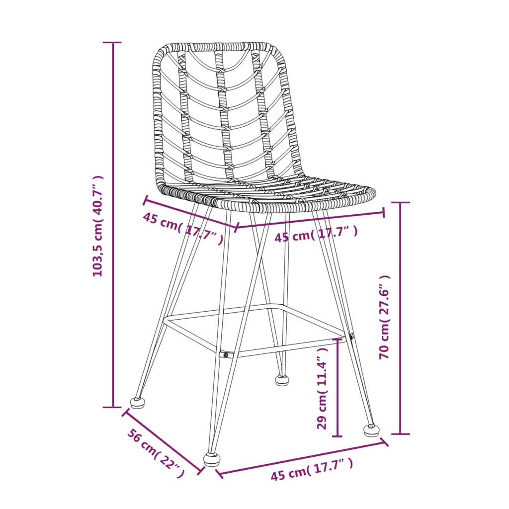 Bar Stools 2 pcs Black 17.7"x22"x40.7" PE Rattan and Steel