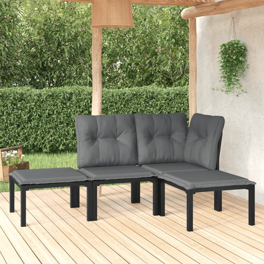 4 Piece Patio Lounge Set Black and Gray Poly Rattan