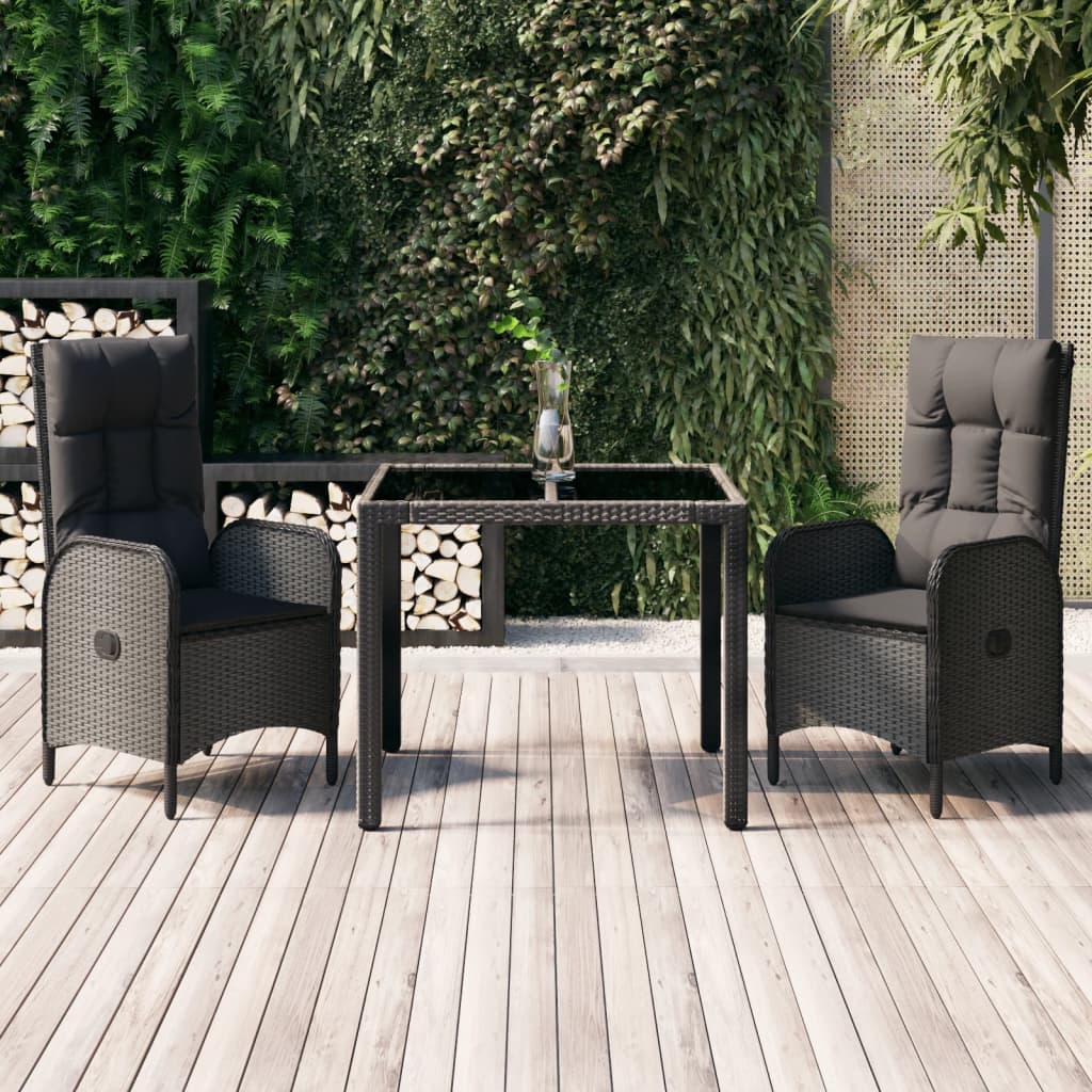 3 Piece Patio Dining Set with Cushions Black Poly Rattan