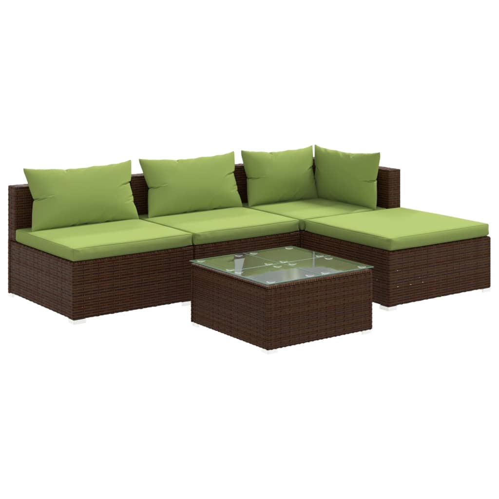 5 Piece Patio Lounge Set with Cushions Poly Rattan Brown