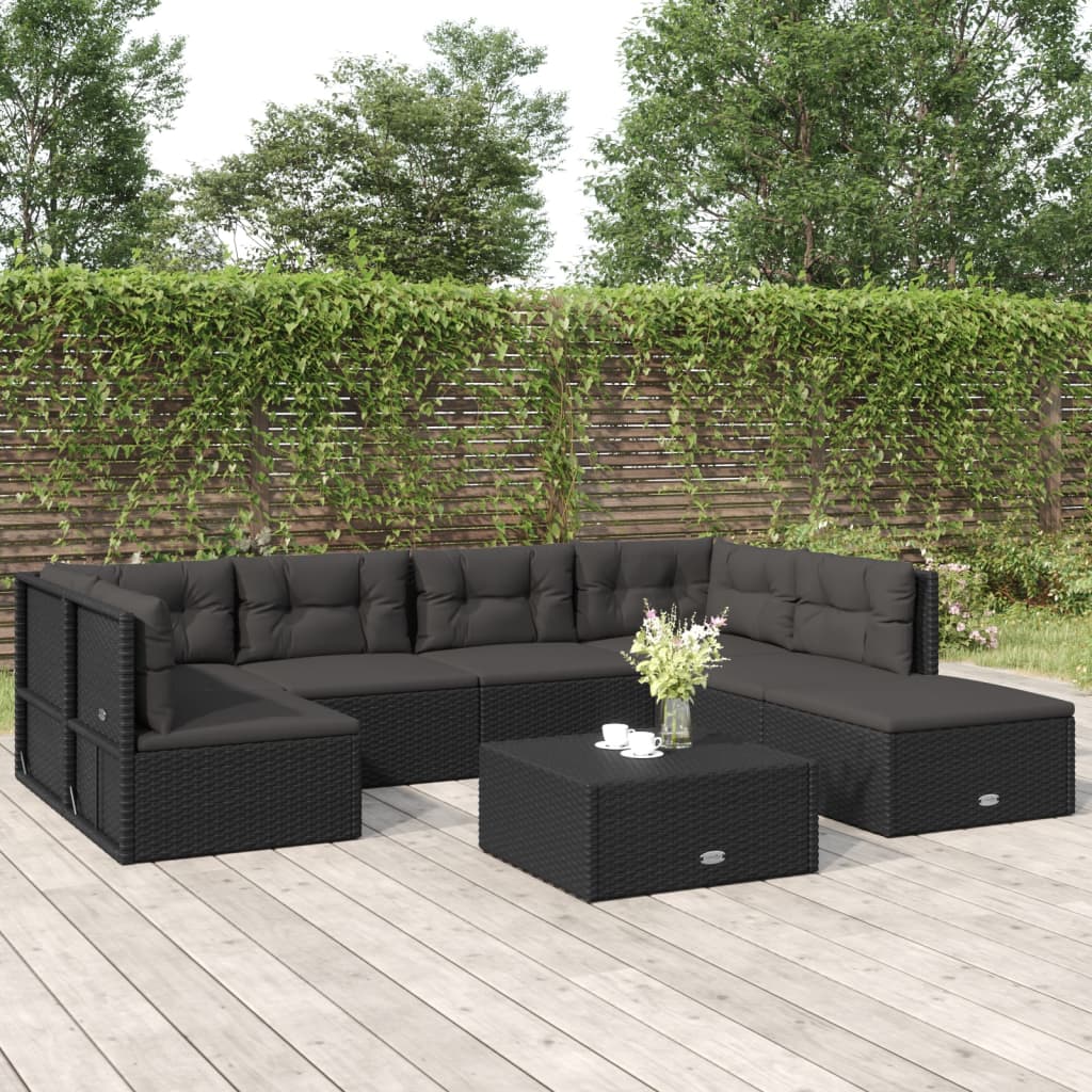 7 Piece Patio Lounge Set with Cushions Black Poly Rattan