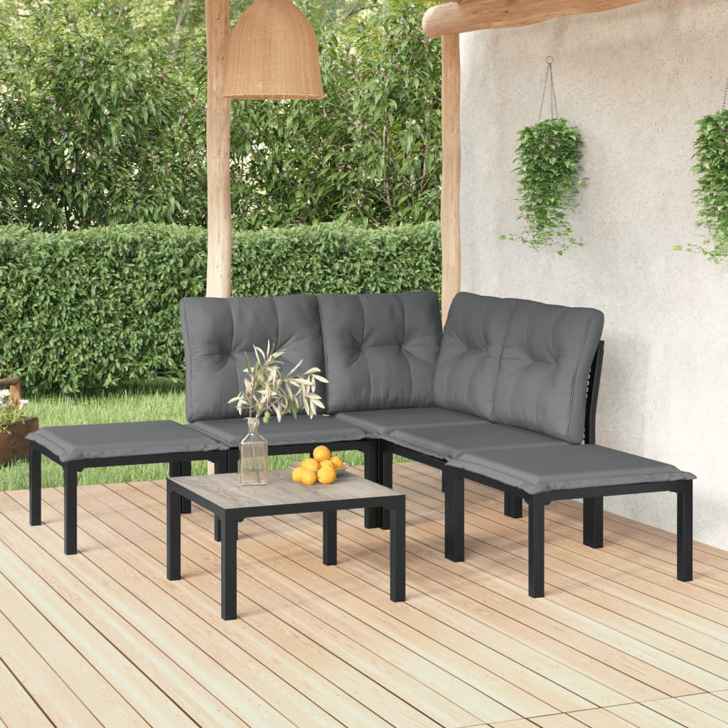 6 Piece Patio Lounge Set Black and Gray Poly Rattan