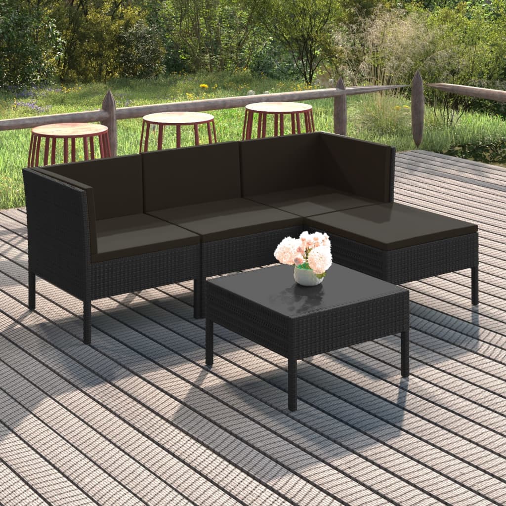 5 Piece Patio Lounge Set with Cushions Poly Rattan Black