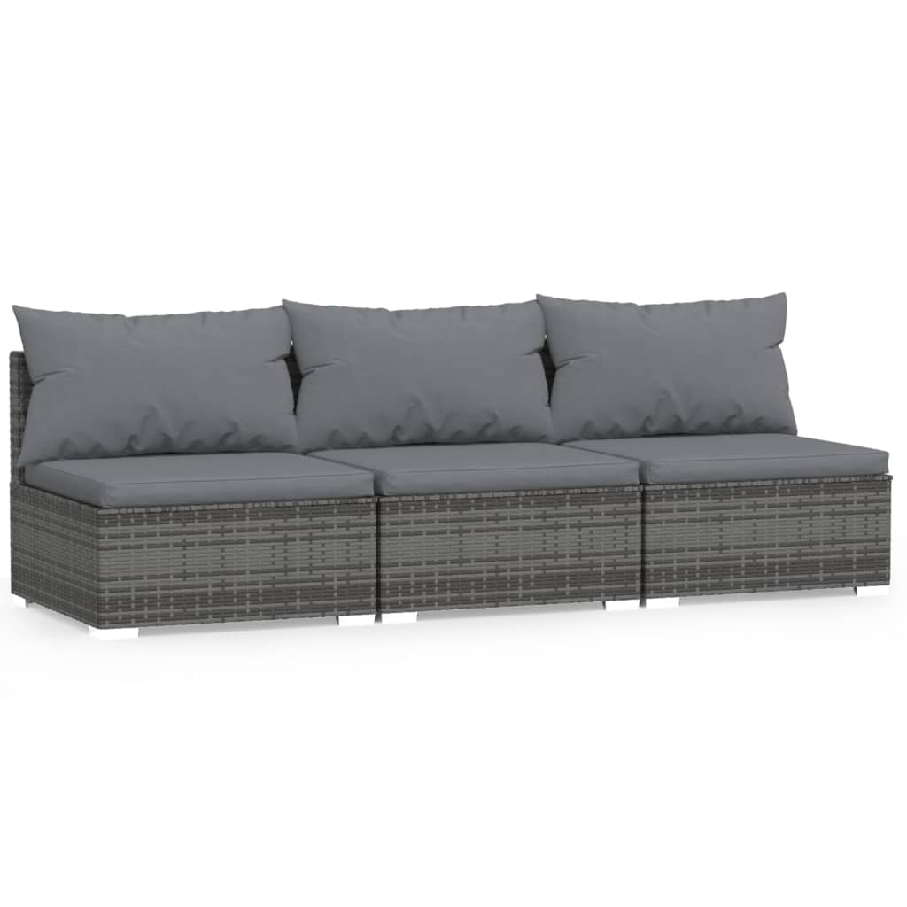 3 Seat Patio Sofa with Cushions Gray Poly Rattan