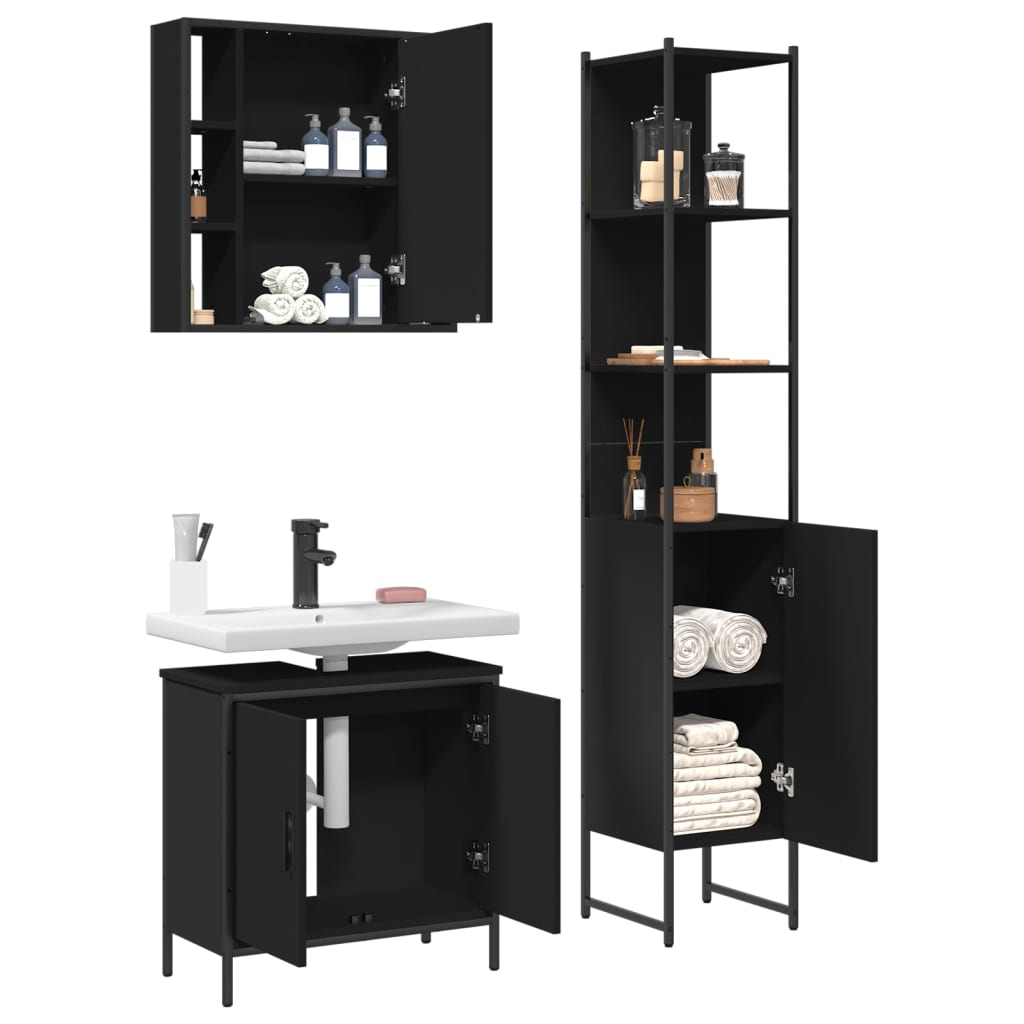 3 Piece Bathroom Cabinet Set Black Engineered Wood