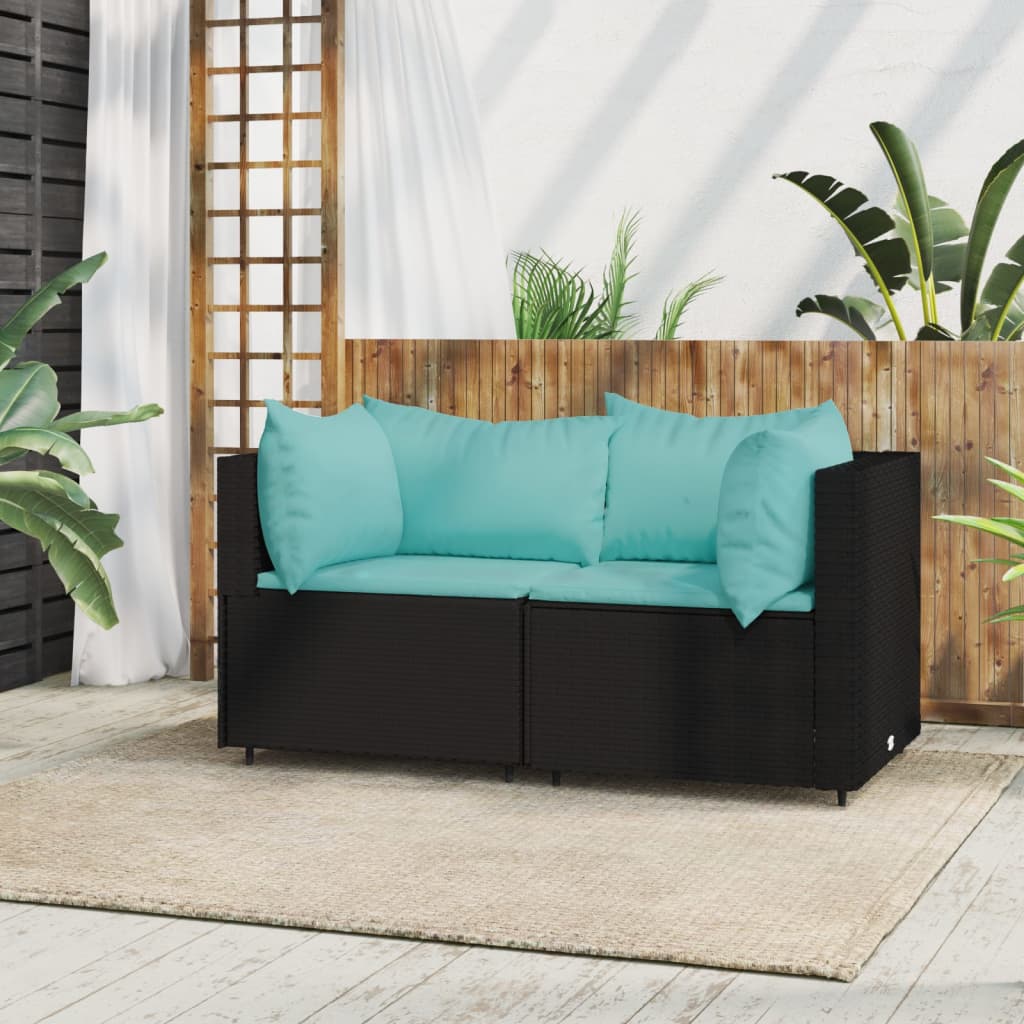 Patio Corner Sofas with Cushions 2 pcs Black Poly Rattan