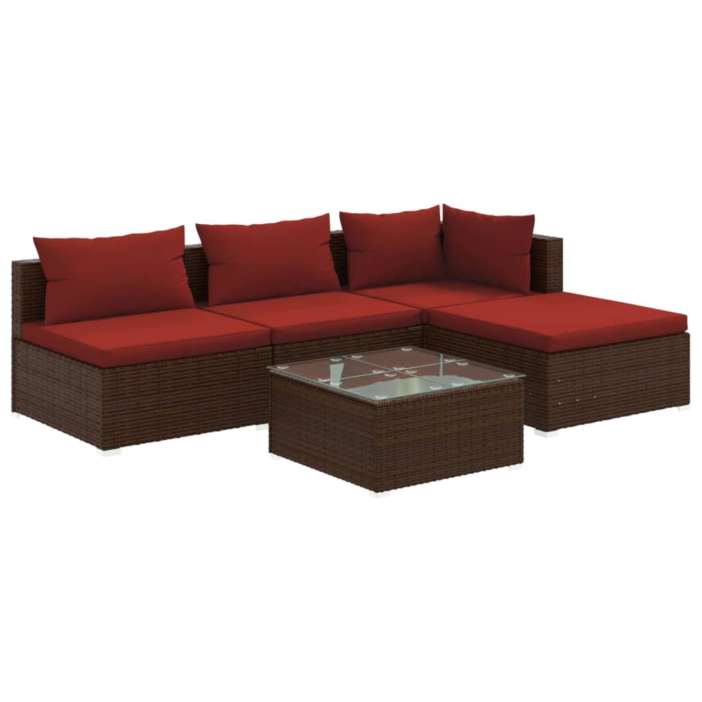 5 Piece Patio Lounge Set with Cushions Poly Rattan Brown