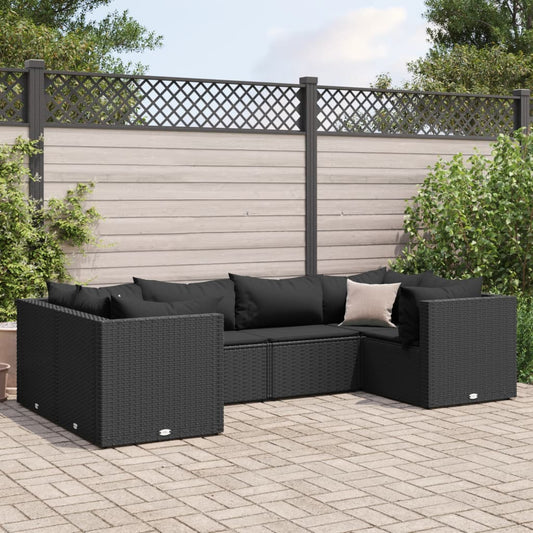 6 Piece Patio Lounge Set with Cushions Black Poly Rattan