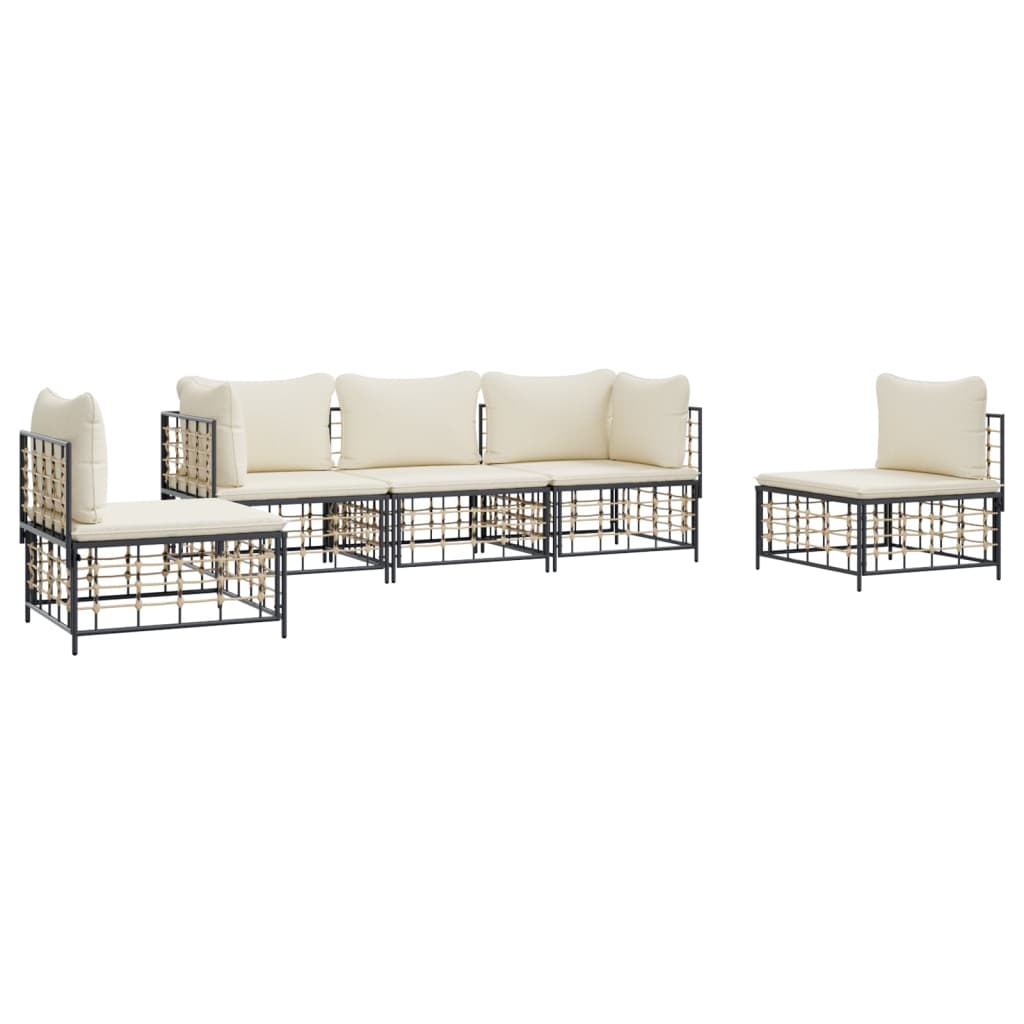 5 Piece Patio Lounge Set with Cushions Anthracite Poly Rattan