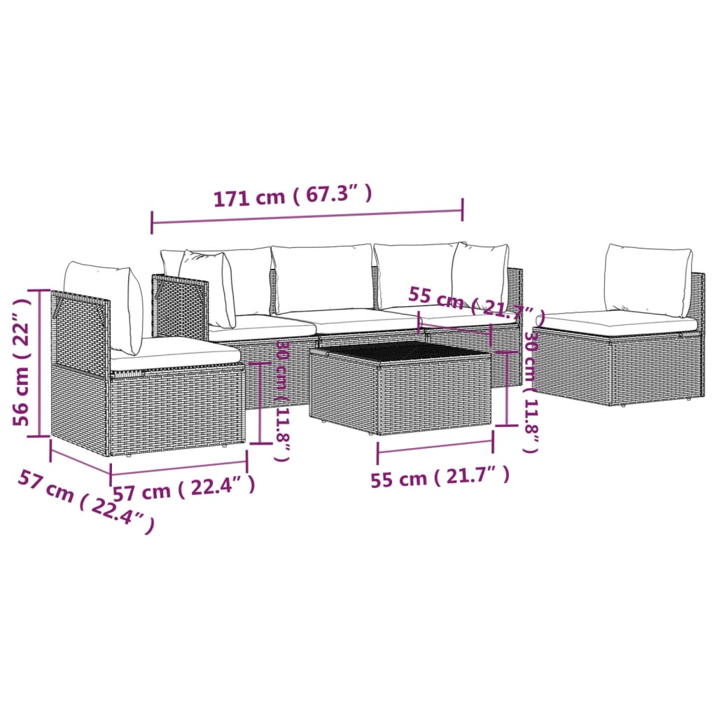 6 Piece Patio Lounge Set with Cushions Gray Poly Rattan