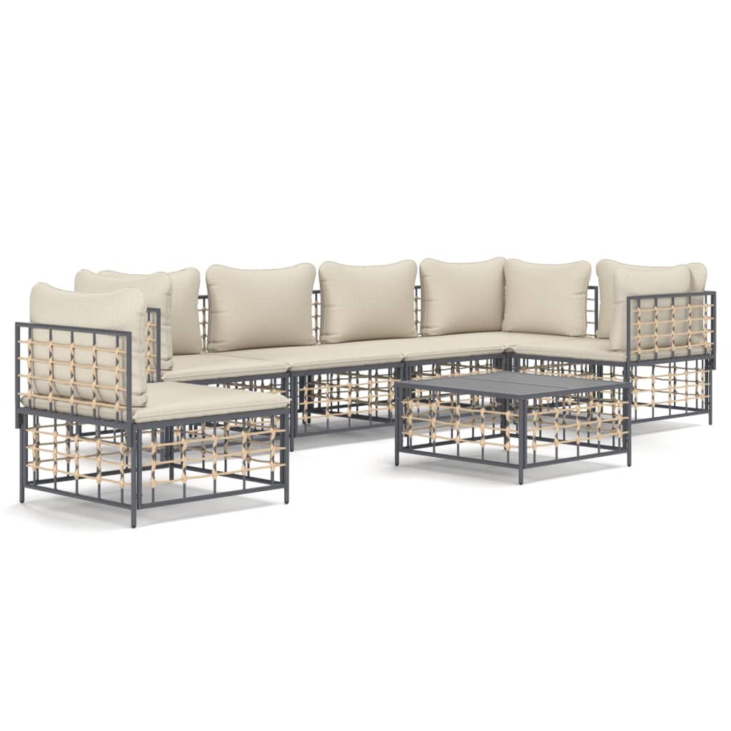 7 Piece Patio Lounge Set with Cushions Anthracite Poly Rattan