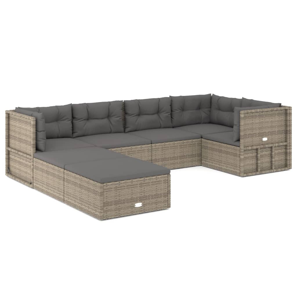 7 Piece Patio Lounge Set with Cushions Gray Poly Rattan