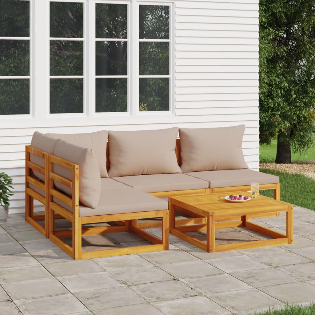 5 Piece Patio Lounge Set with Taupe Cushions Solid Wood