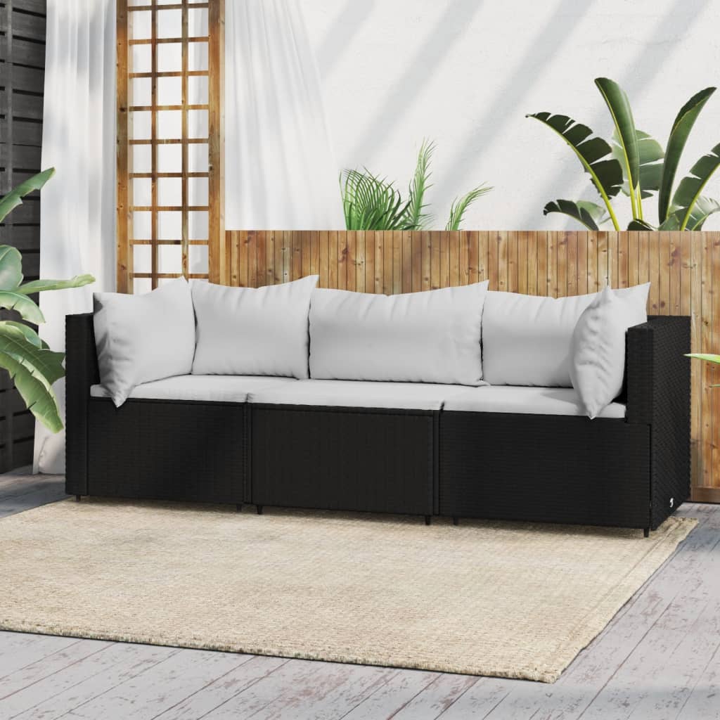 3 Piece Patio Lounge Set with Cushions Black Poly Rattan