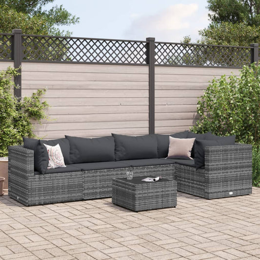 5 Piece Patio Lounge Set with Cushions Gray Poly Rattan