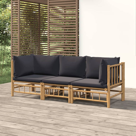 3 Piece Patio Lounge Set with Dark Gray Cushions Bamboo