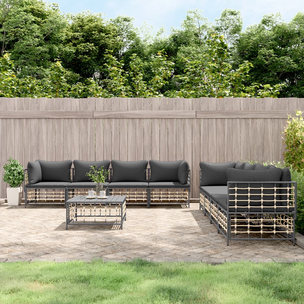 9 Piece Patio Lounge Set with Cushions Anthracite Poly Rattan