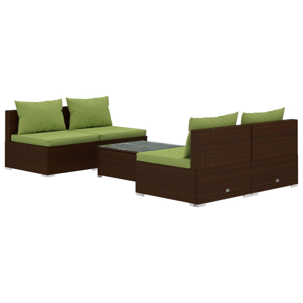 5 Piece Patio Lounge Set with Cushions Poly Rattan Brown