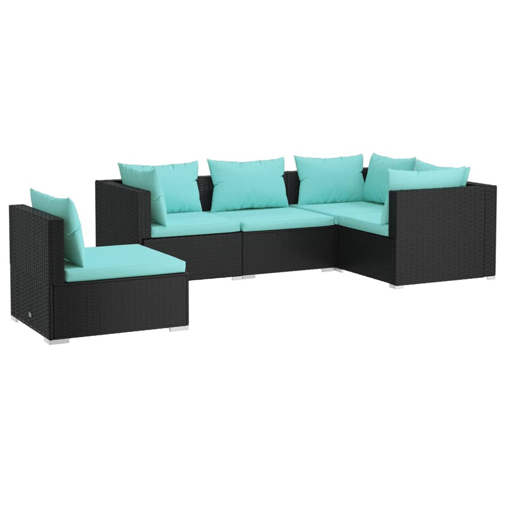 5 Piece Patio Lounge Set with Cushions Poly Rattan Black