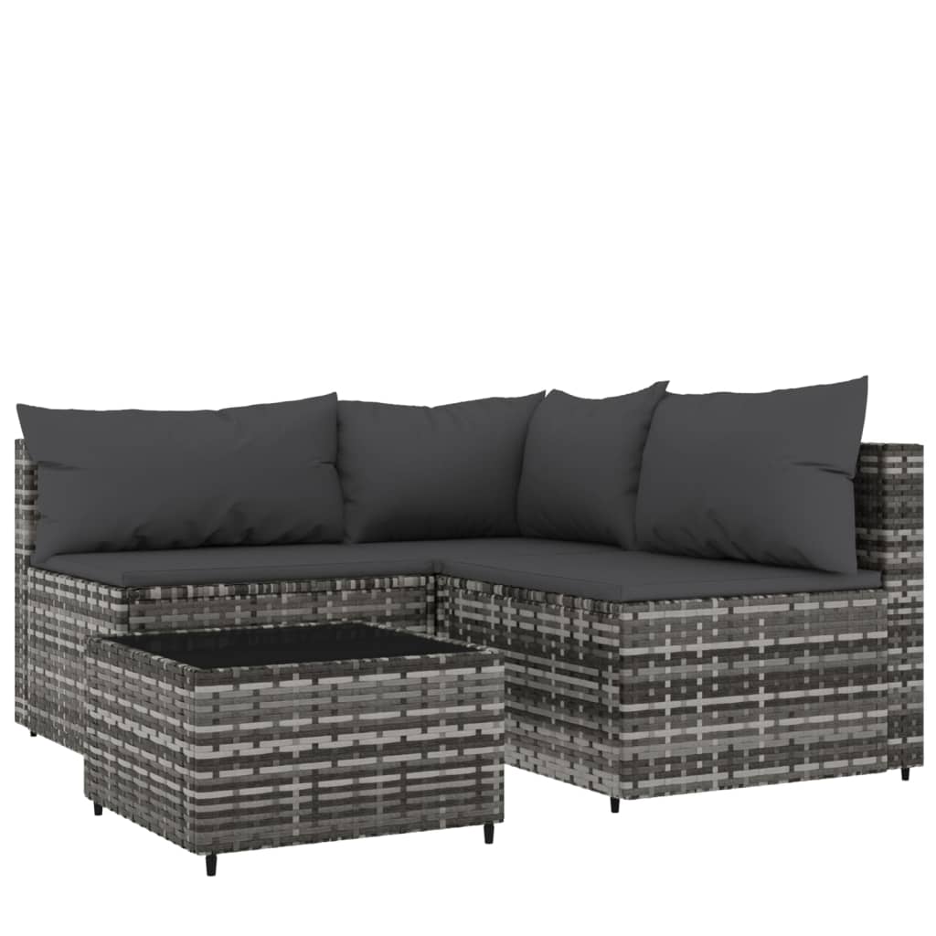 4 Piece Patio Lounge Set with Cushions Gray Poly Rattan