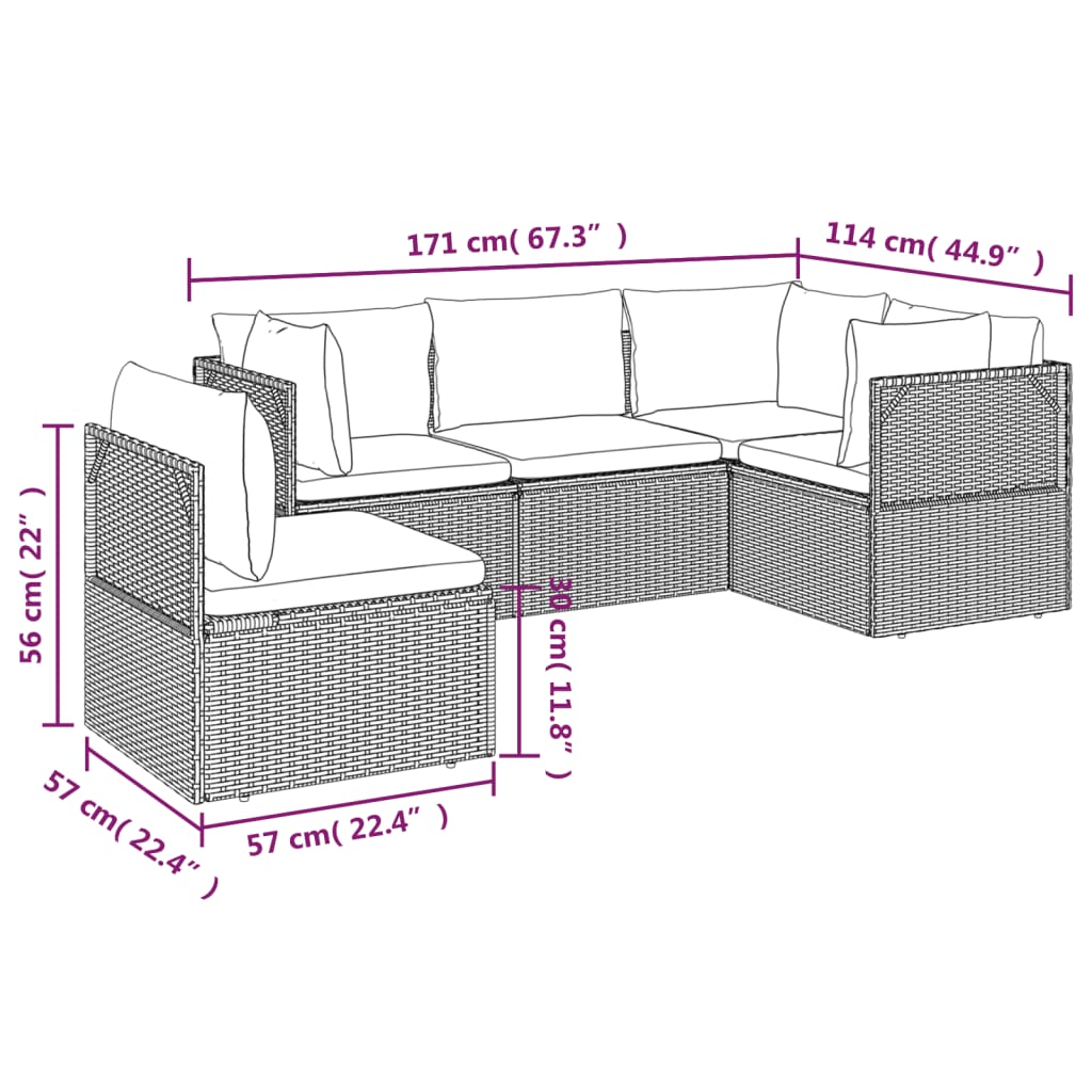 5 Piece Patio Lounge Set with Cushions Gray Poly Rattan