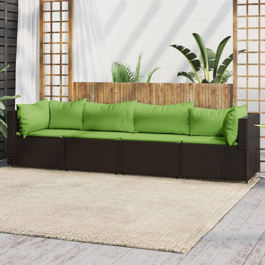 4 Piece Patio Lounge Set with Cushions Brown Poly Rattan