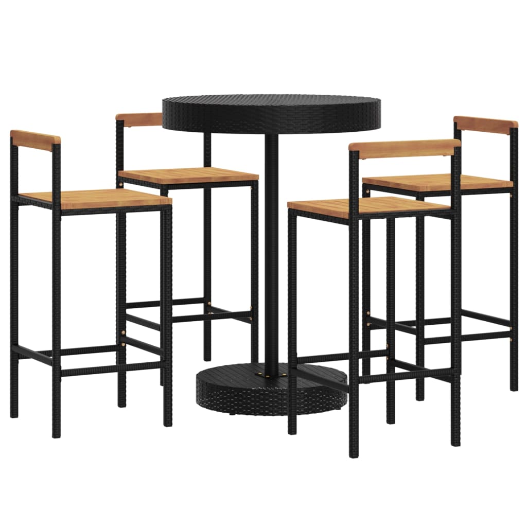 5 Piece Patio Bar Set Black Poly Rattan&Solid Wood Acacia