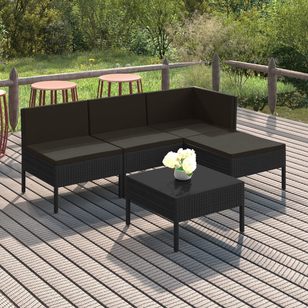 5 Piece Patio Lounge Set with Cushions Poly Rattan Black