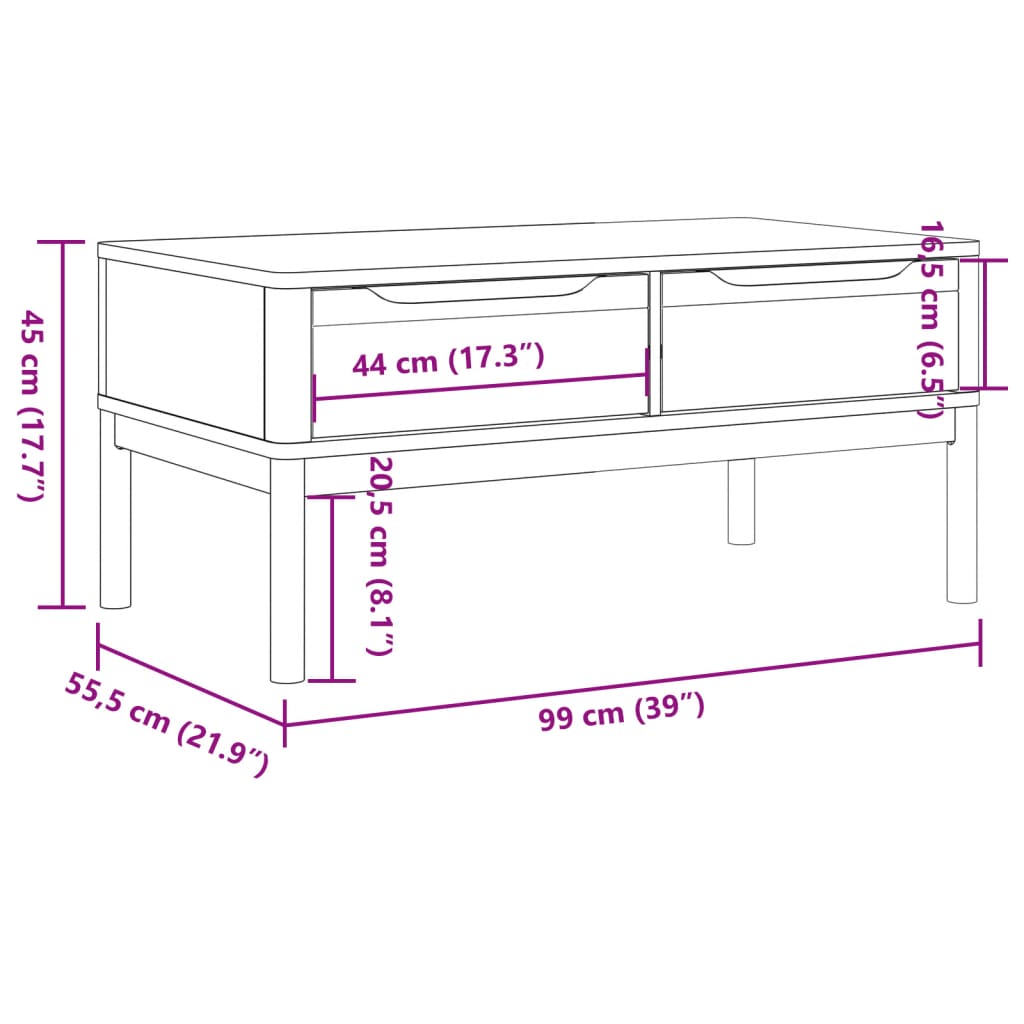 Coffee Table FLORO White 39"x21.9"x17.7" Solid Pine Wood