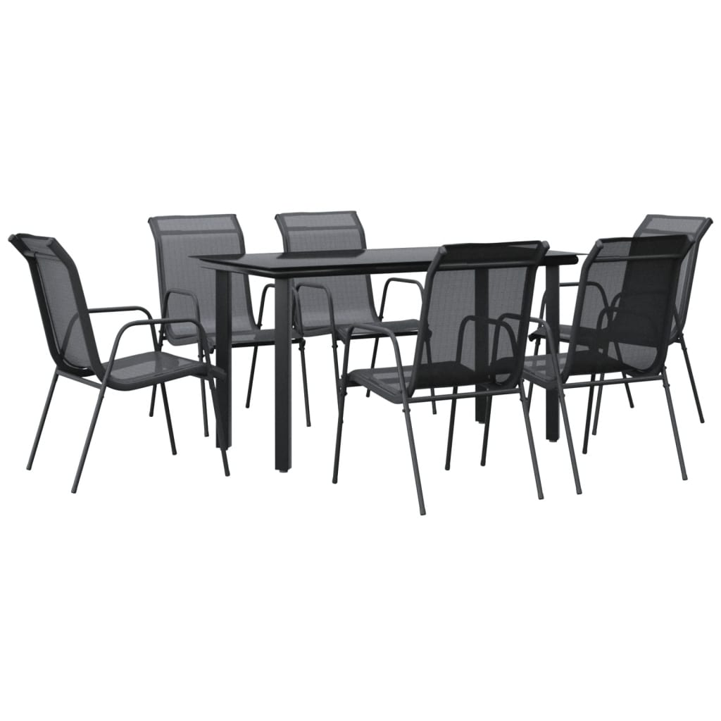 7 Piece Patio Dining Set Black Steel and Textilene