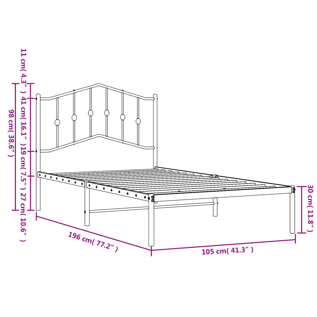 Metal Bed Frame without Mattress with Headboard White 39.4"x74.8"