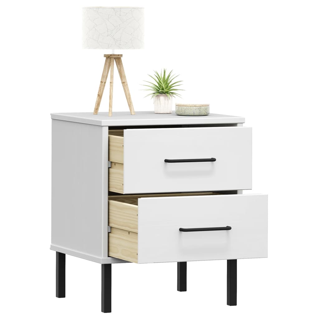 Bedside Cabinet with Metal Legs White Solid Wood Pine OSLO