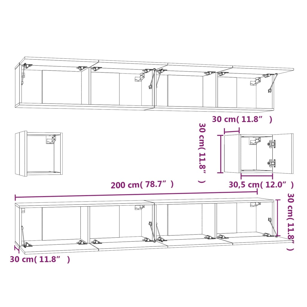 6 Piece TV Stand Set Black Engineered Wood