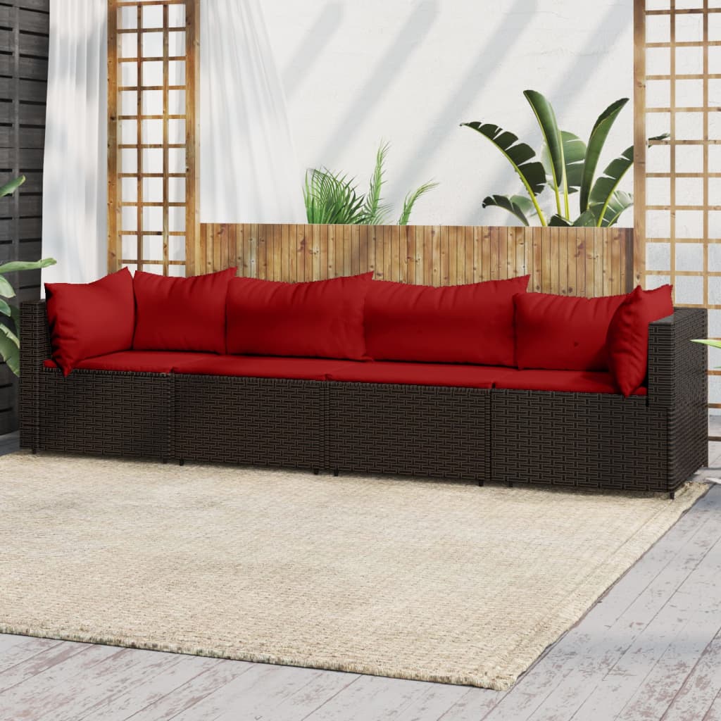 4 Piece Patio Lounge Set with Cushions Brown Poly Rattan