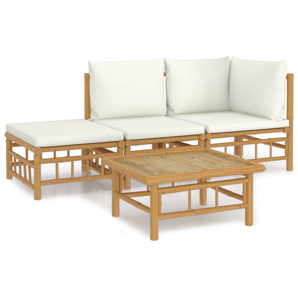 4 Piece Patio Lounge Set with Cream White Cushions Bamboo