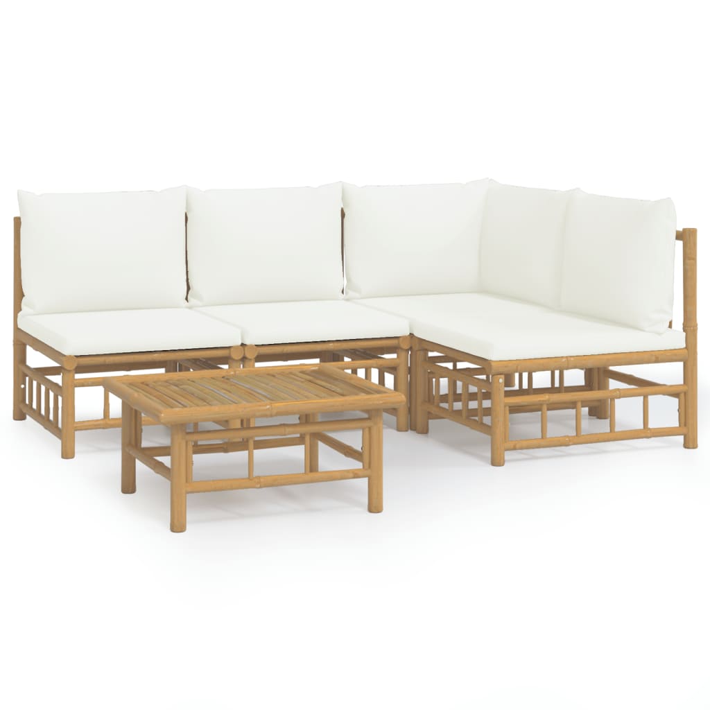 5 Piece Patio Lounge Set with Cream White Cushions Bamboo