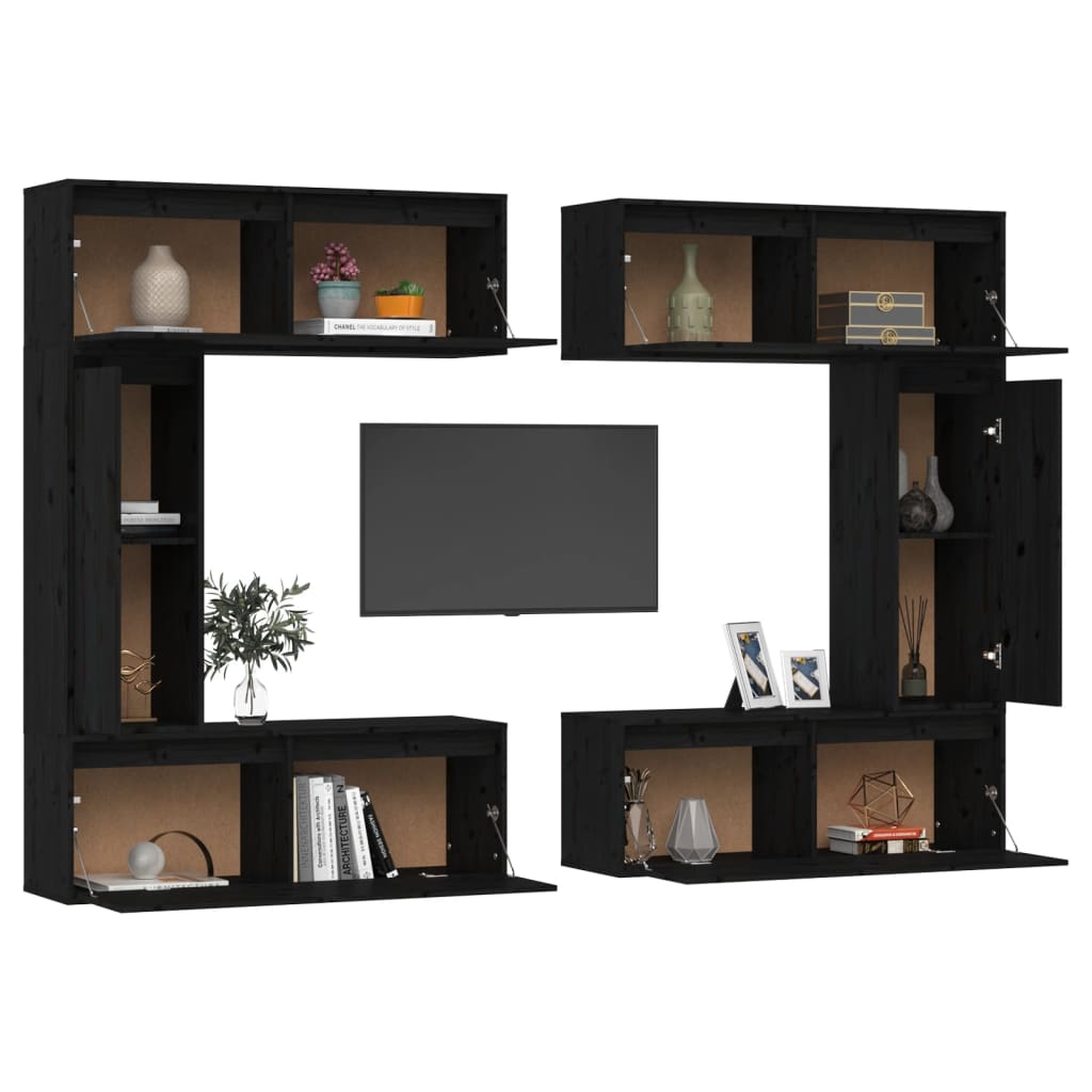 TV Stands 6 pcs Black Solid Wood Pine