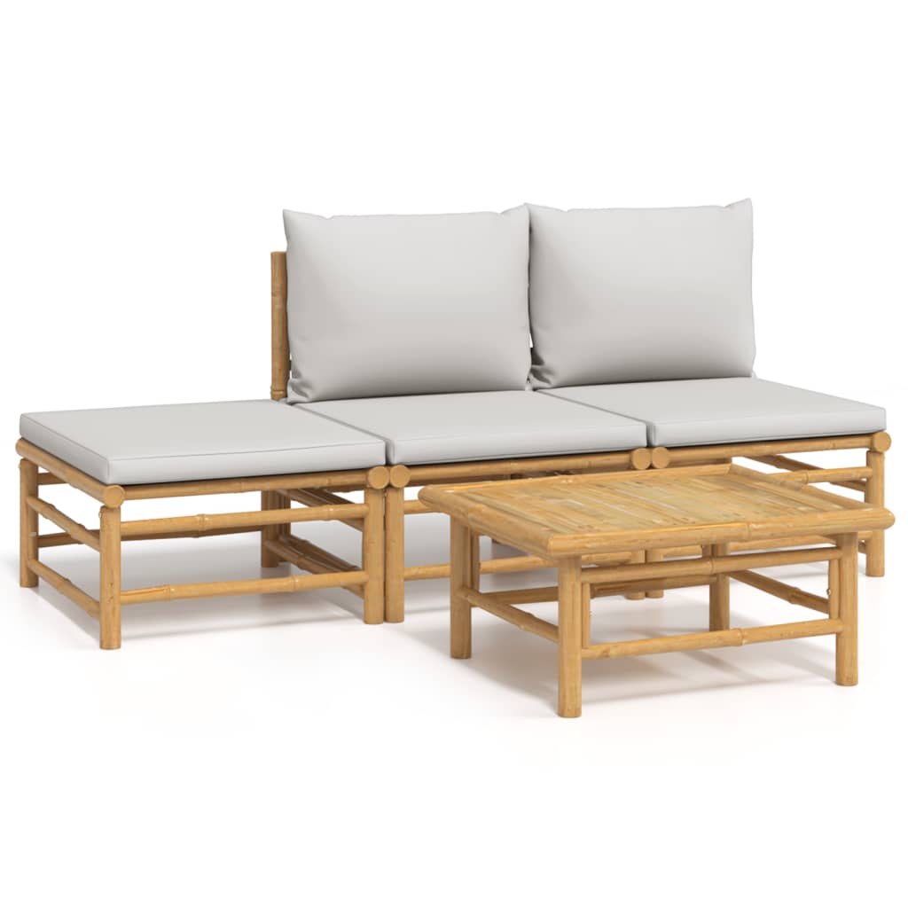 4 Piece Patio Lounge Set with Light Gray Cushions Bamboo