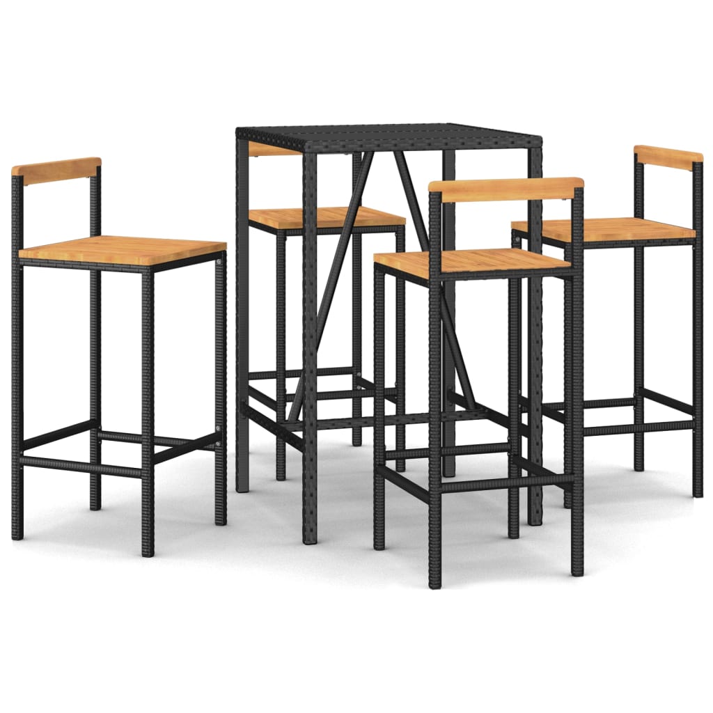 5 Piece Patio Bar Set Black Poly Rattan& Solid Wood Acacia