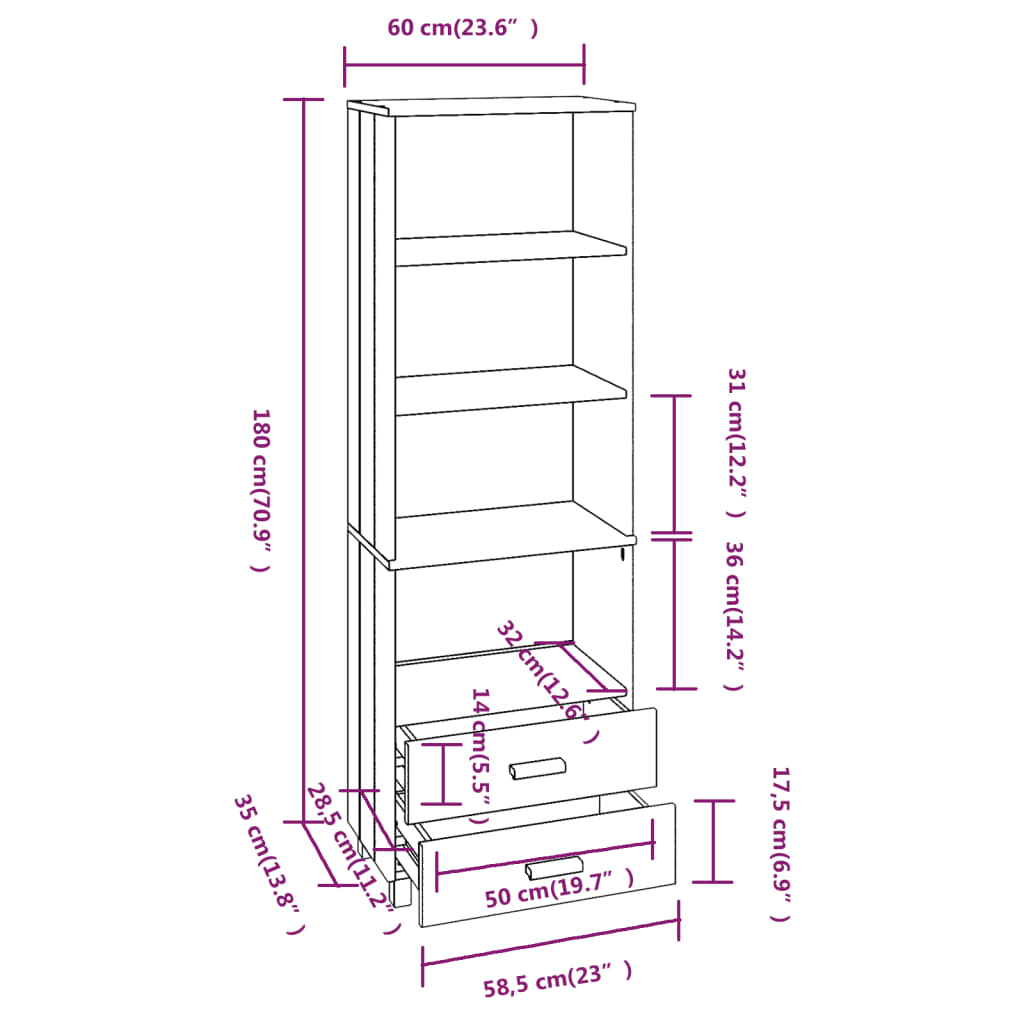 Highboard HAMAR Light Gray 23.6"x13.8"x70.9" Solid Wood Pine