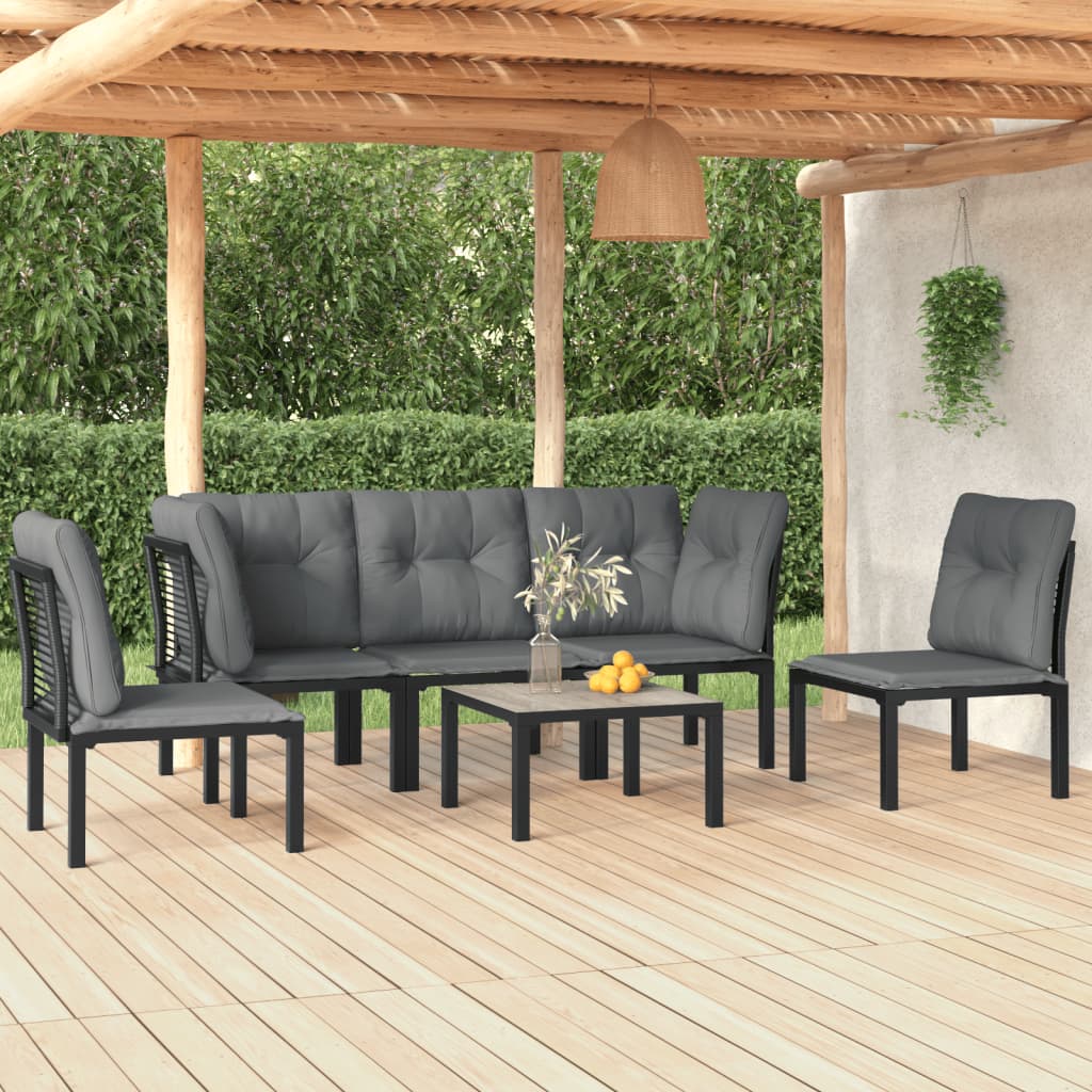 6 Piece Patio Lounge Set Black and Gray Poly Rattan