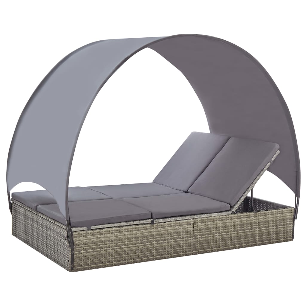 Double Sun Lounger with Canopy Poly Rattan Black