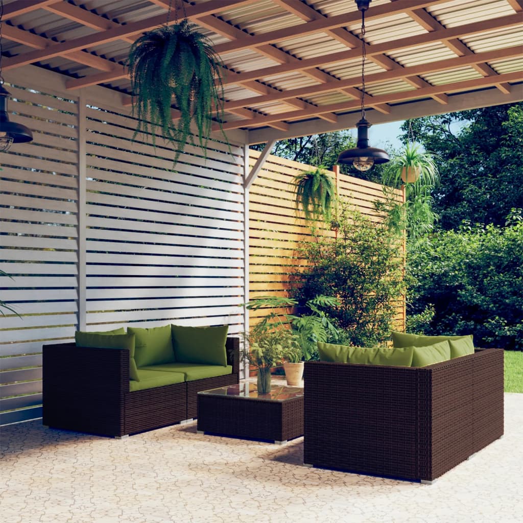 5 Piece Patio Lounge Set with Cushions Poly Rattan Brown