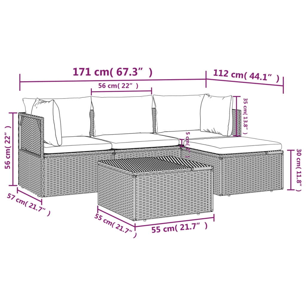 5 Piece Patio Lounge Set with Cushions Gray Poly Rattan