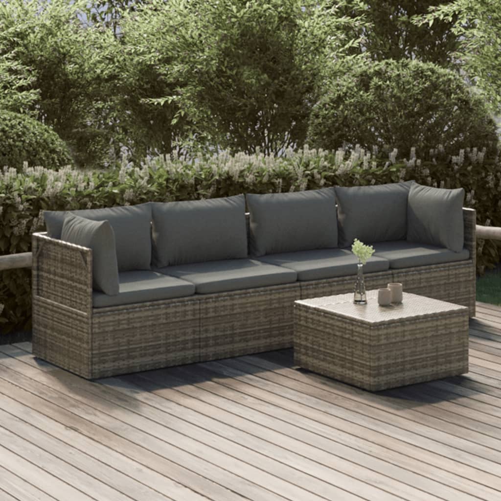 5 Piece Patio Lounge Set with Cushions Gray Poly Rattan