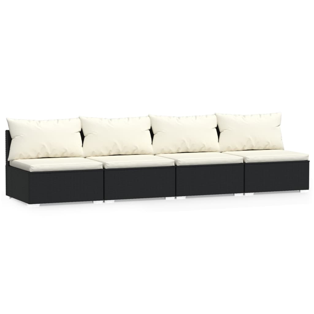 4 Seater Sofa with Cushions Black Poly Rattan