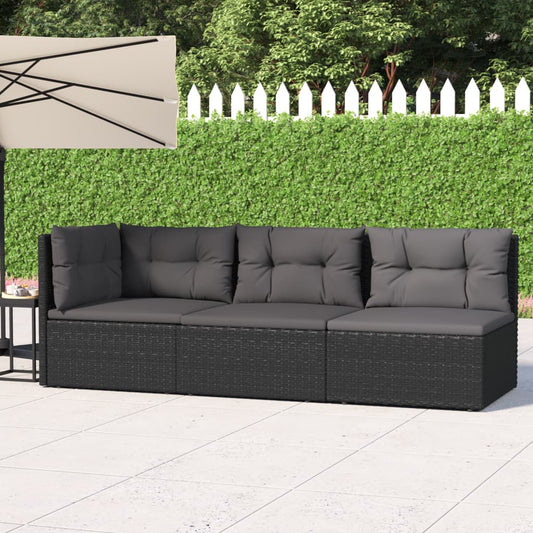 3 Piece Patio Lounge Set with Cushions Black Poly Rattan