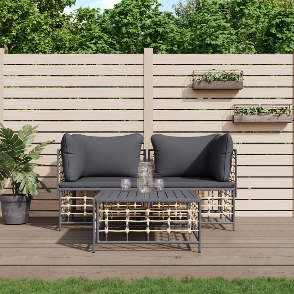 3 Piece Patio Lounge Set with Cushions Anthracite Poly Rattan