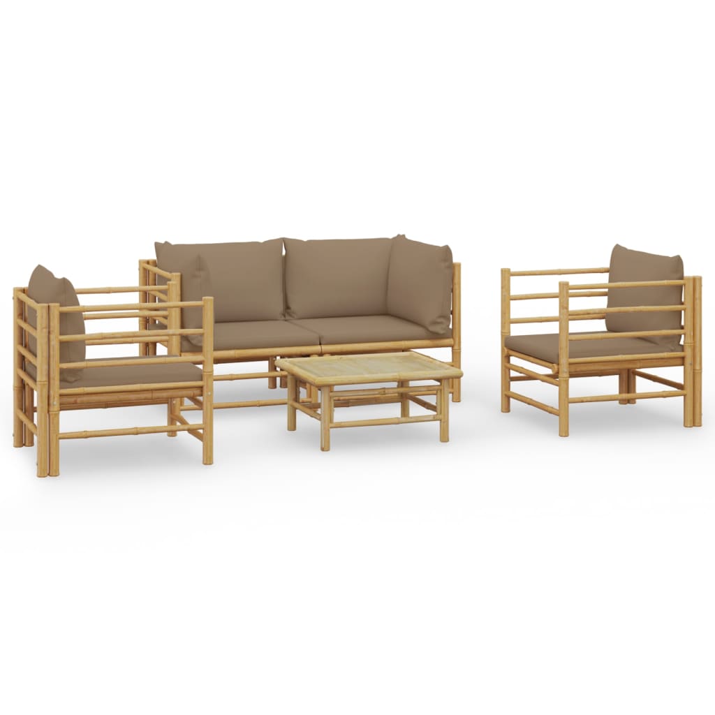 5 Piece Patio Lounge Set with Taupe Cushions Bamboo